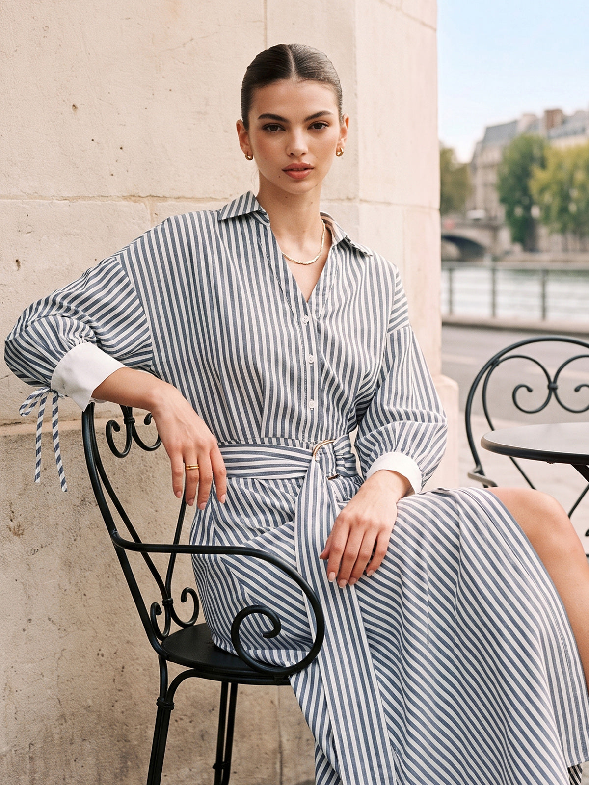 Striped Belted Tie Cuff Shirt Midi Dress Women's Casual Fashion