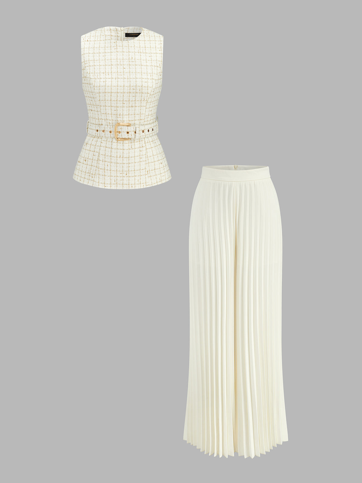 Belted Tweed Vest & Pleated Pants Set for Formal Occasions