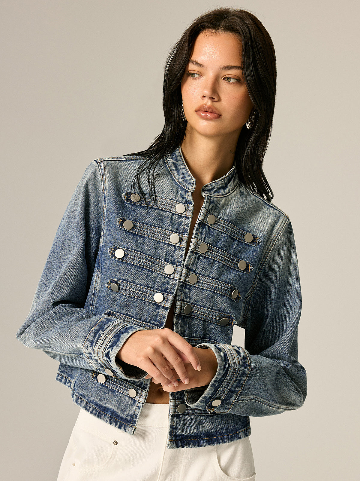 Napoleon Style Stand Collar Men's Casual Denim Jacket with Button Closure