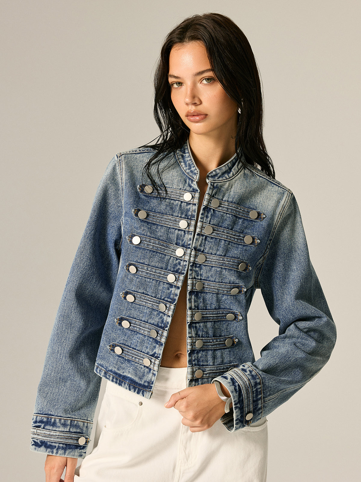 Napoleon Style Stand Collar Men's Casual Denim Jacket with Button Closure