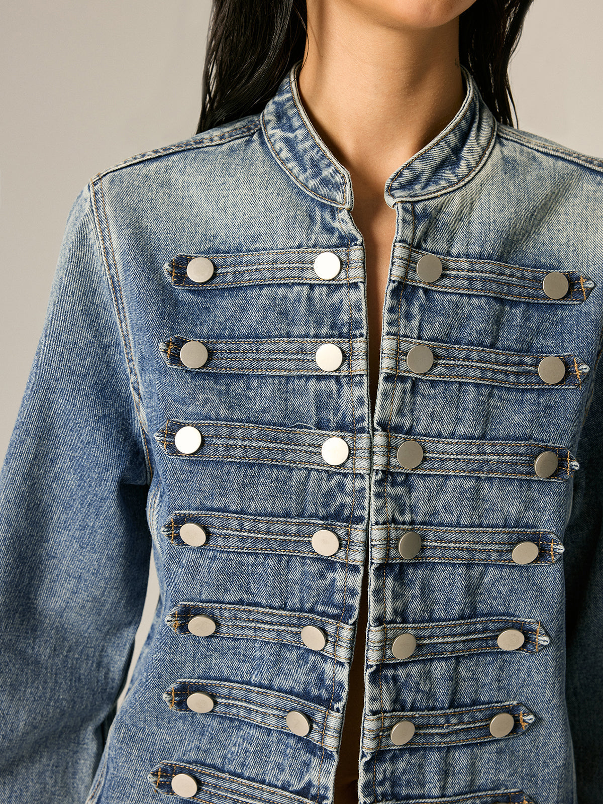 Napoleon Style Stand Collar Men's Casual Denim Jacket with Button Closure