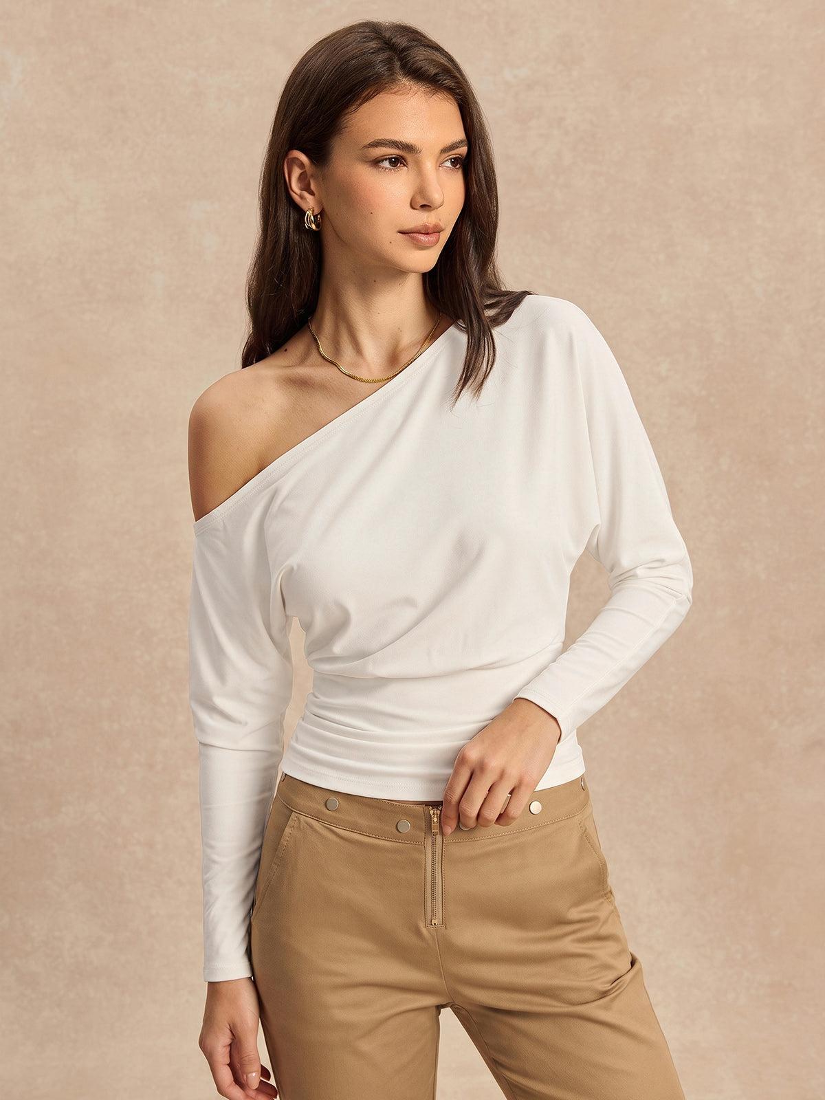 Off Shoulder Ruched Waist Long Sleeve Top Elegant Casual Blouse