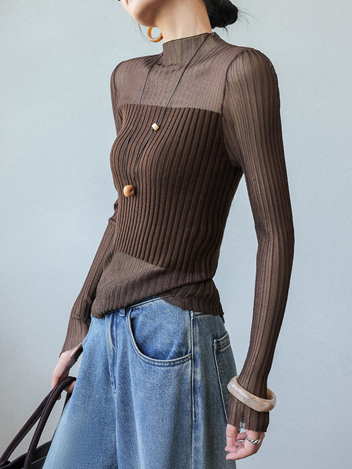 Sheer Panel Slim Sweater Lightweight Women's Fall Fashion