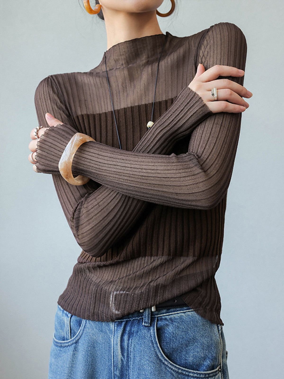 Sheer Panel Slim Sweater Lightweight Women's Fall Fashion
