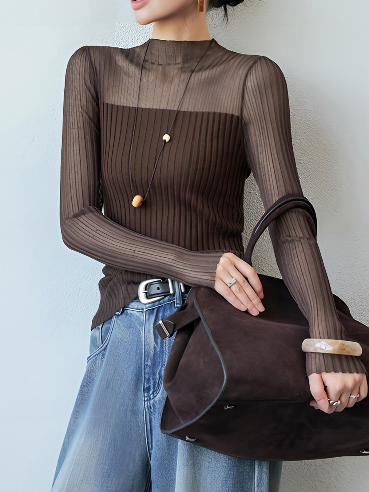 Sheer Panel Slim Sweater Lightweight Women's Fall Fashion