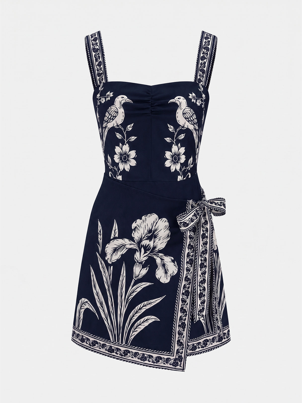 Floral Bird Print Wrap Tie Mini Dress with Ruffled Sleeves and V-Neck
