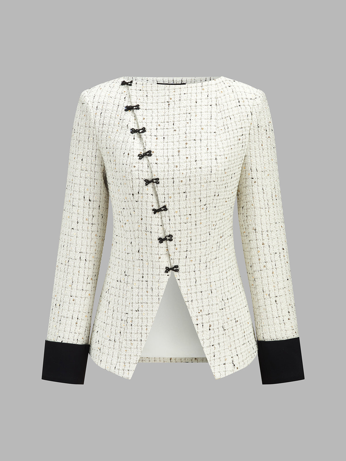 Frog Button Tweed Contrast Cuff Blazer for Women in Classic Style