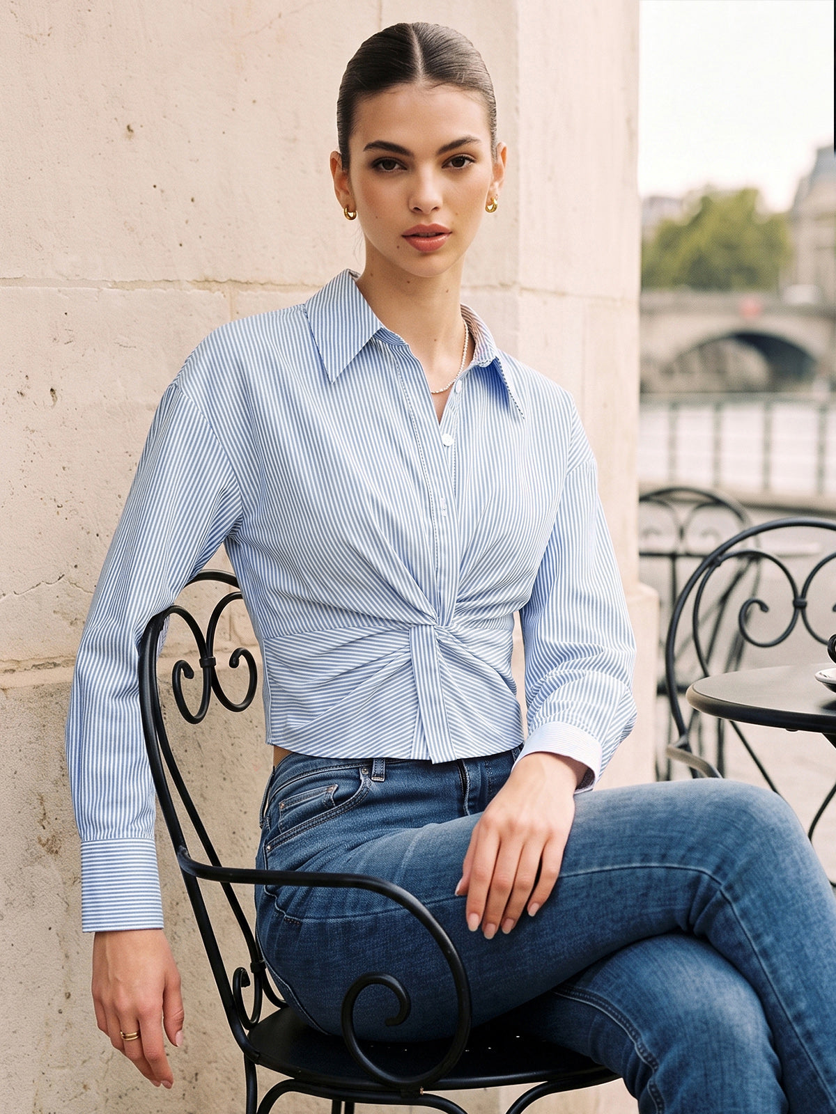 Striped Twisted Waist Long Sleeve Casual Blouse Top