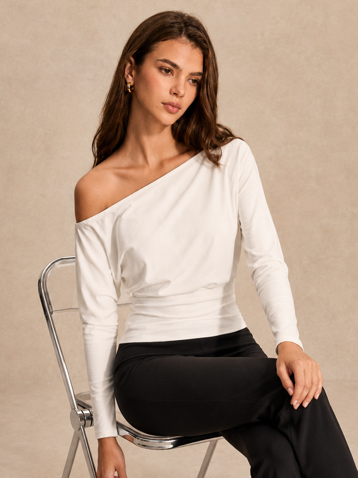 Off Shoulder Ruched Waist Long Sleeve Top Elegant Casual Blouse