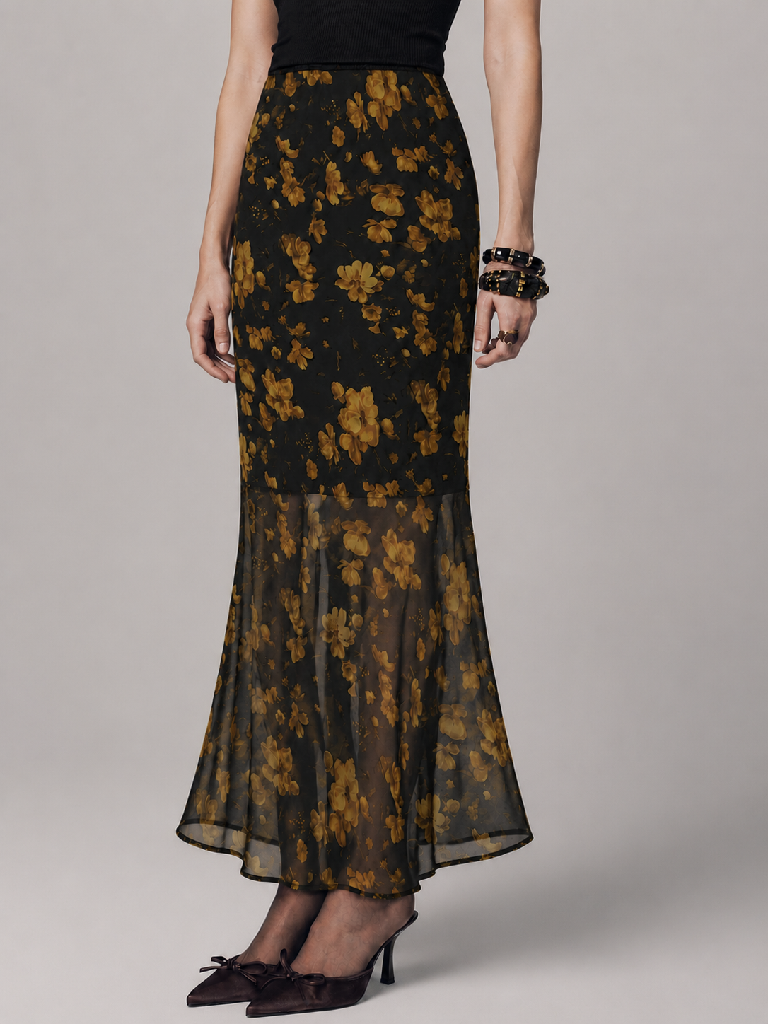 Semi Sheer Floral Lace Mermaid Maxi Skirt for Women