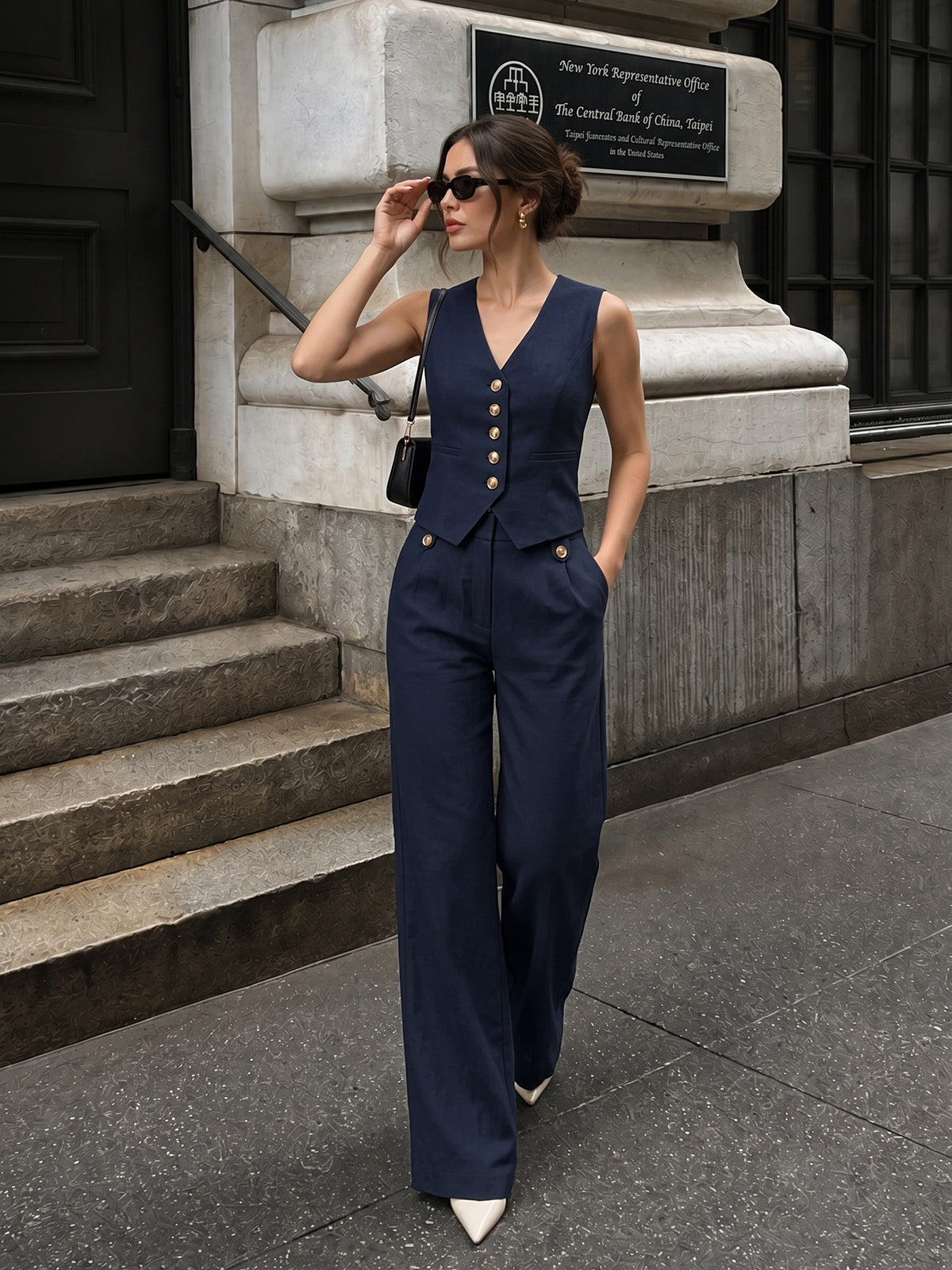 V-neck button-front cropped fitted vest and wide-leg trousers set, stylish women's business casual attire