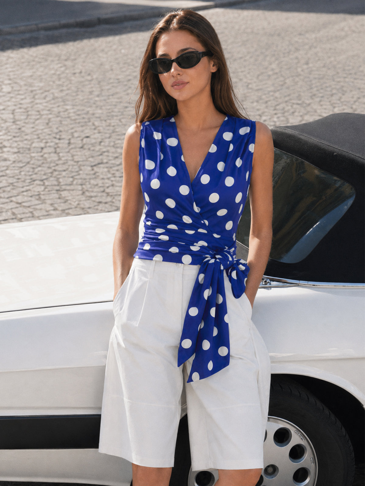 Polka Dot Wrap Tie Sleeveless Top Women's Fashion Trend