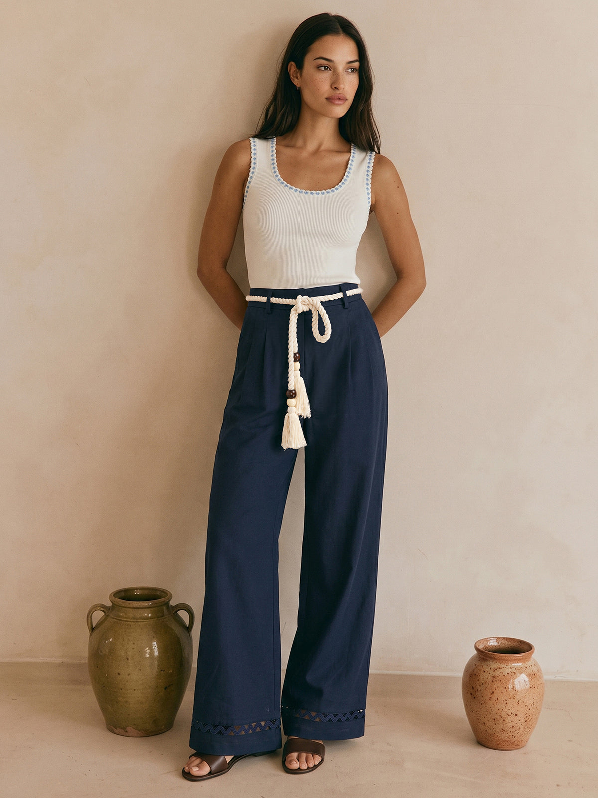 Belted Cotton Linen Wide Leg Pants Comfort Fit High Waist
