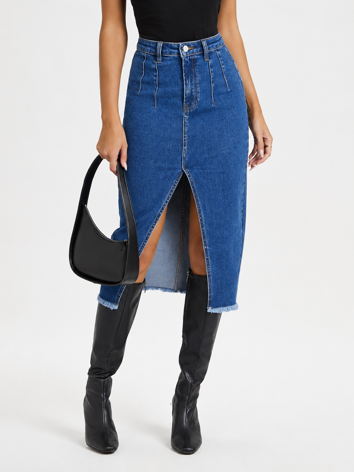 Front Slit Raw Hem Denim Midi Skirt: High-Waisted Classic Fashion Trend