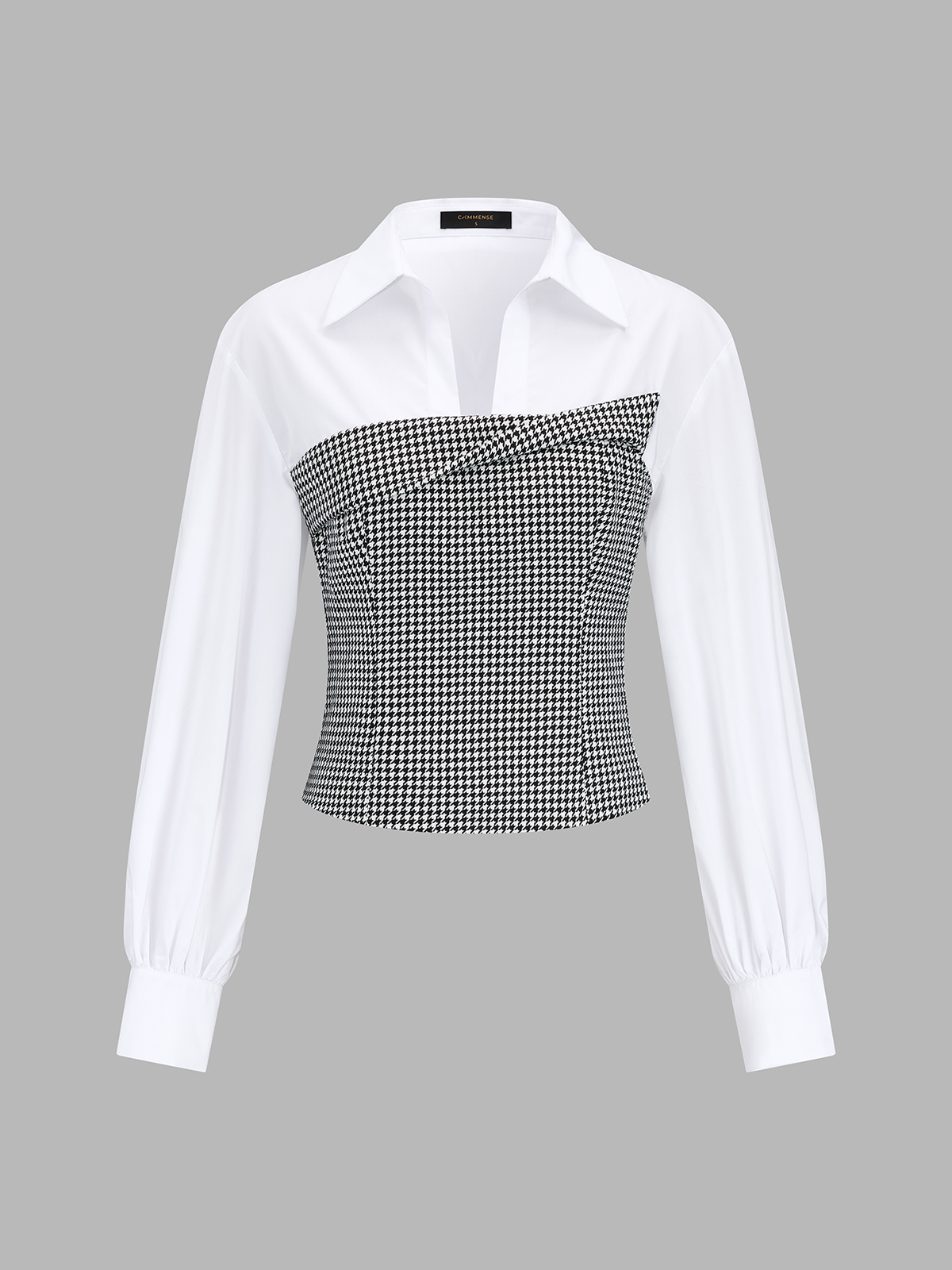 Houndstooth Spliced Collared Blouse for Women, Trendy Fall Top