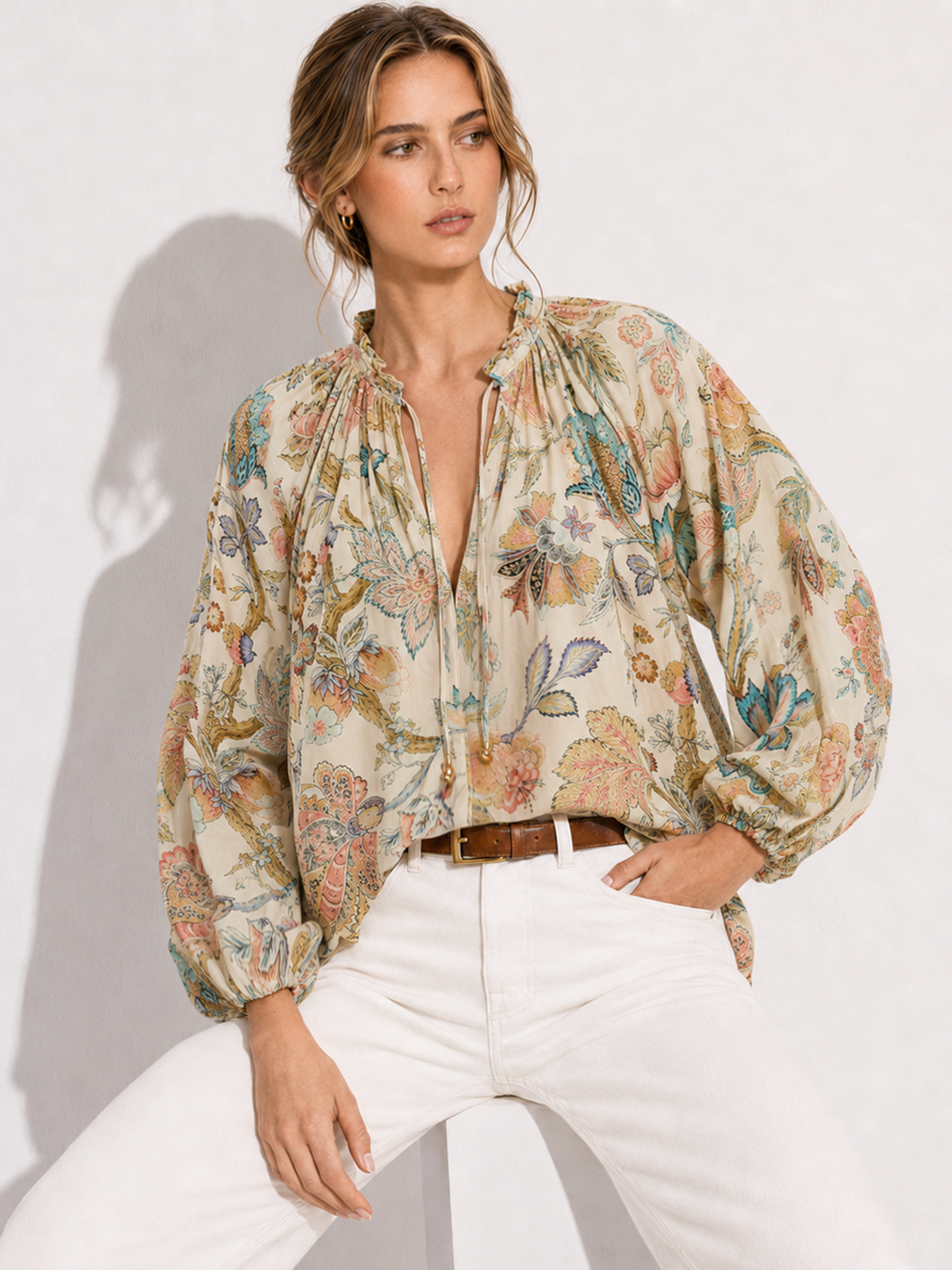 Floral Ruffle Tie Neck Balloon Sleeve Blouse for Women, Spring Fashion Essential