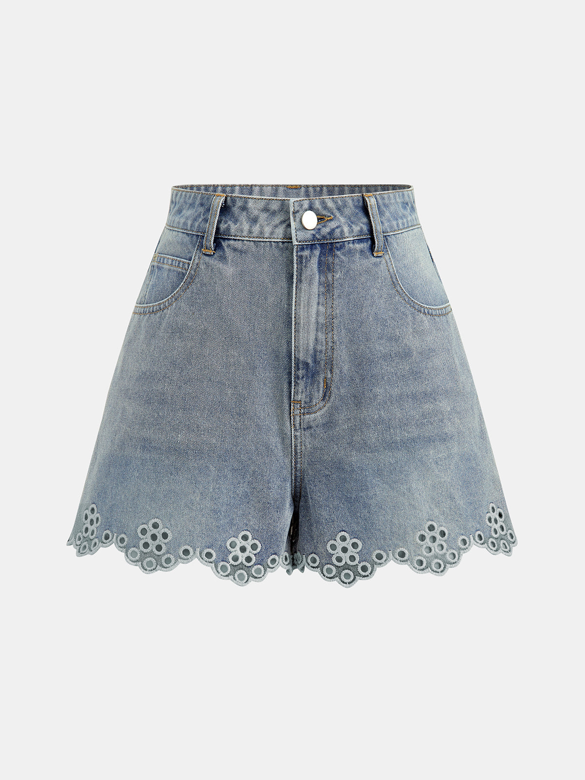 Eyelet Embroidered Denim Shorts High Waist Summer Casual