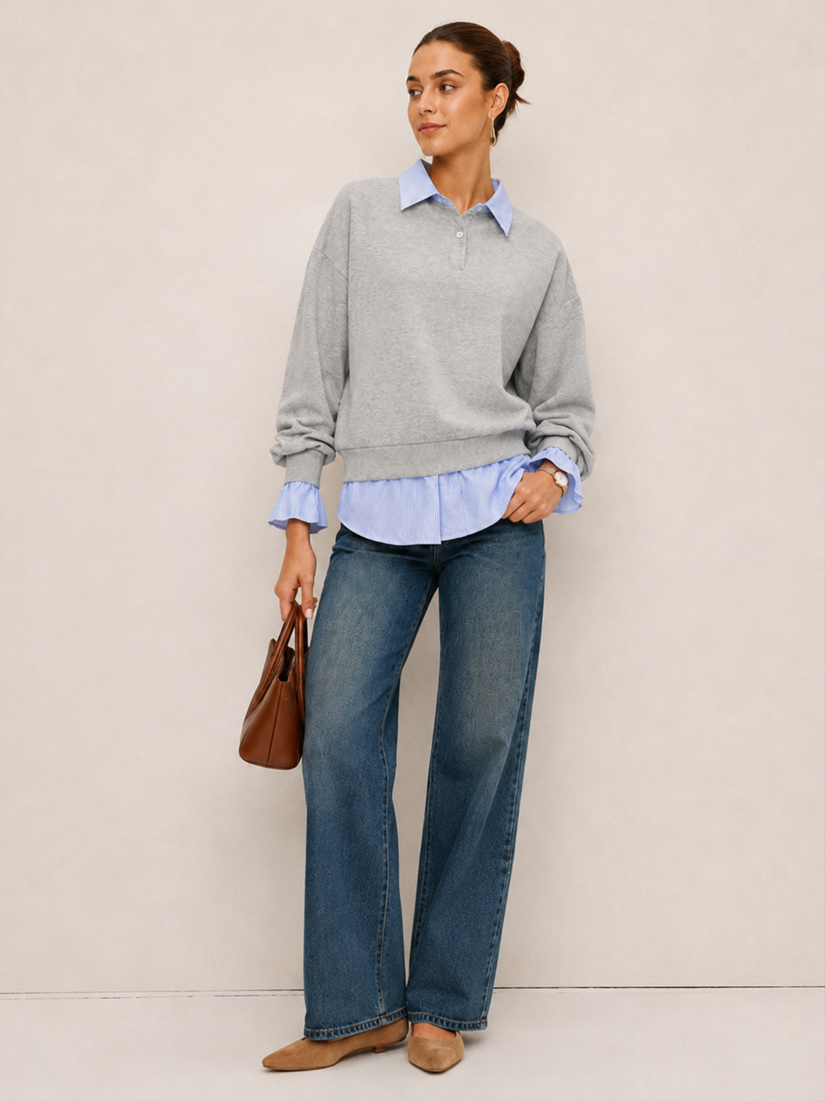 Striped Collar Fake Two Piece Sweatshirt Casual Layered Look Pullover