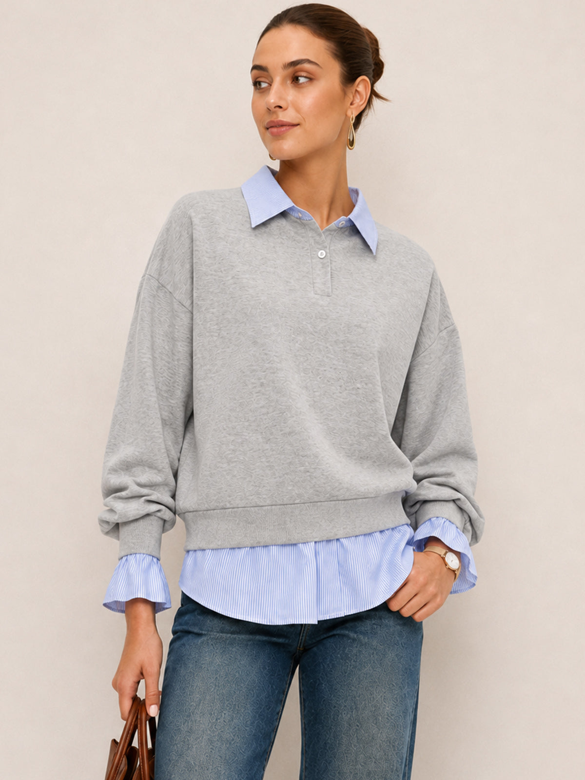 Striped Collar Fake Two Piece Sweatshirt Casual Layered Look Pullover