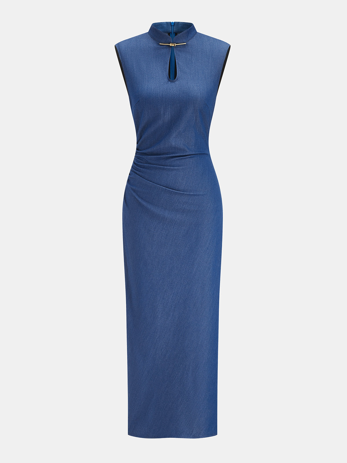 Ruched Keyhole Mandarin Collar Maxi Dress with Elegant Long Sleeves