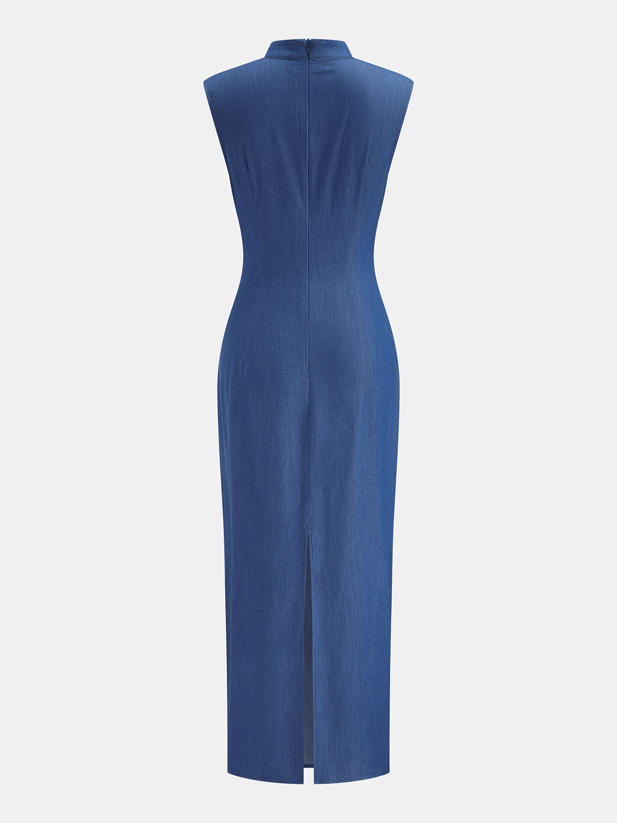 Ruched Keyhole Mandarin Collar Maxi Dress with Elegant Long Sleeves
