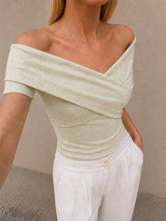 Wrap Off Shoulder Ribbed Fitted Top for Women Trendy Casual Style