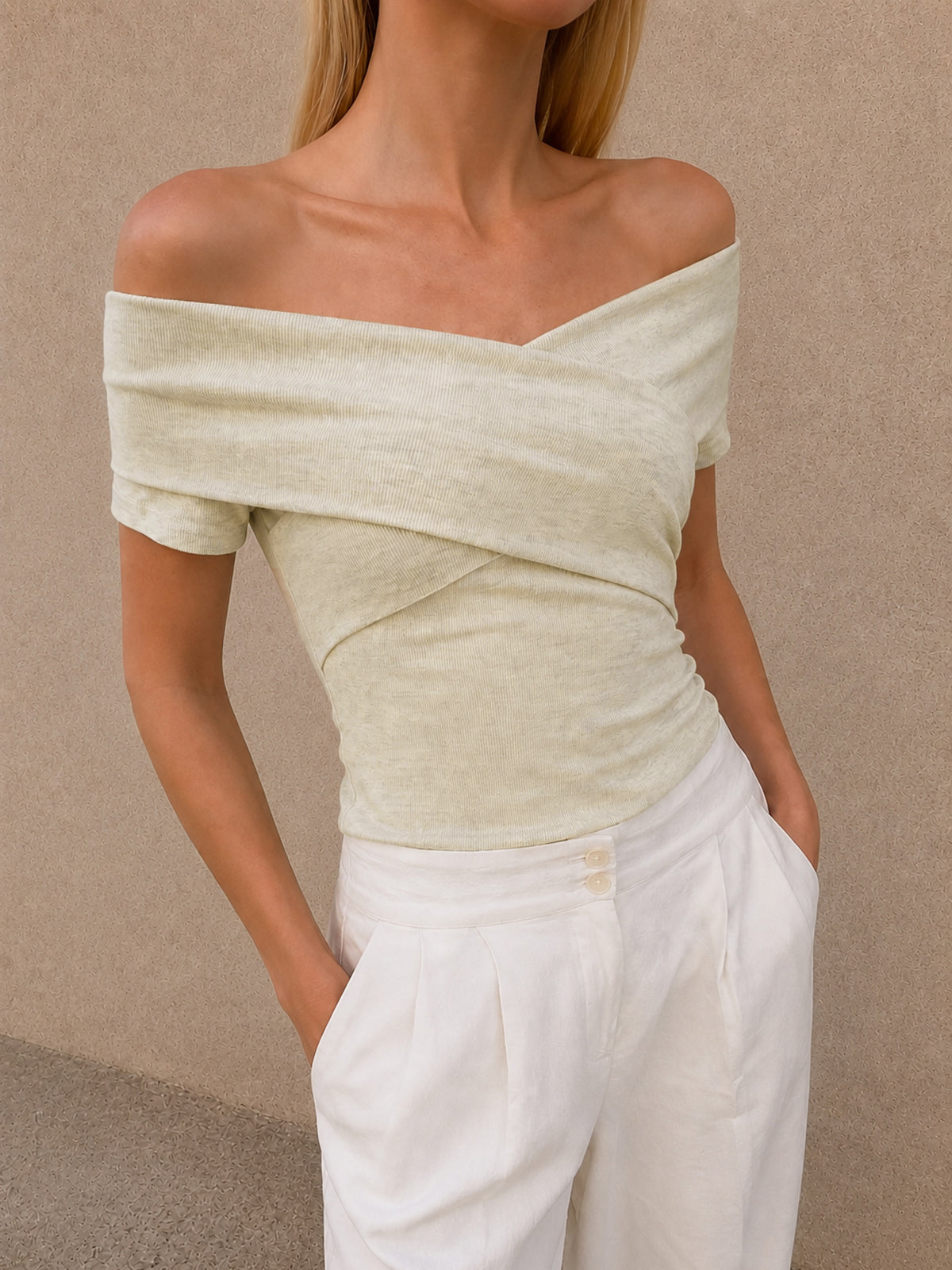 Wrap Off Shoulder Ribbed Fitted Top for Women Trendy Casual Style