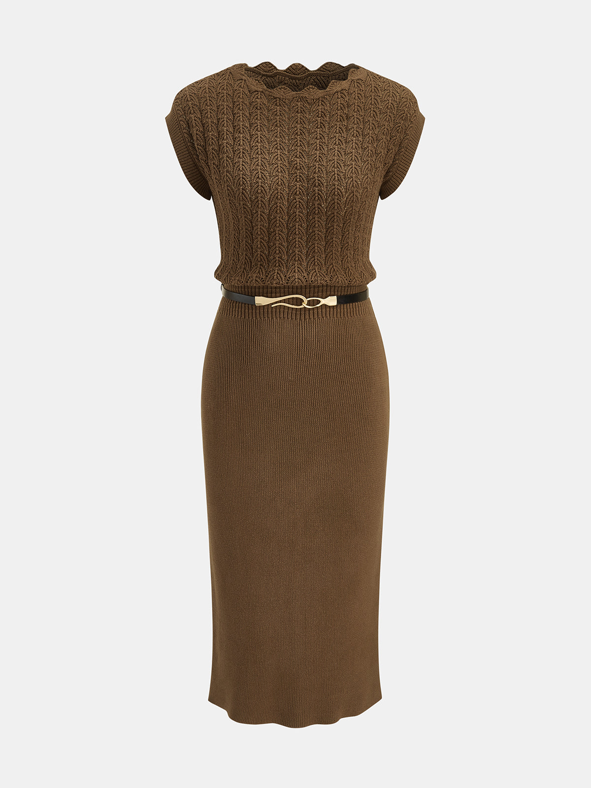 Scallop Neck Belted Knit Midi Dress for Women Casual Style