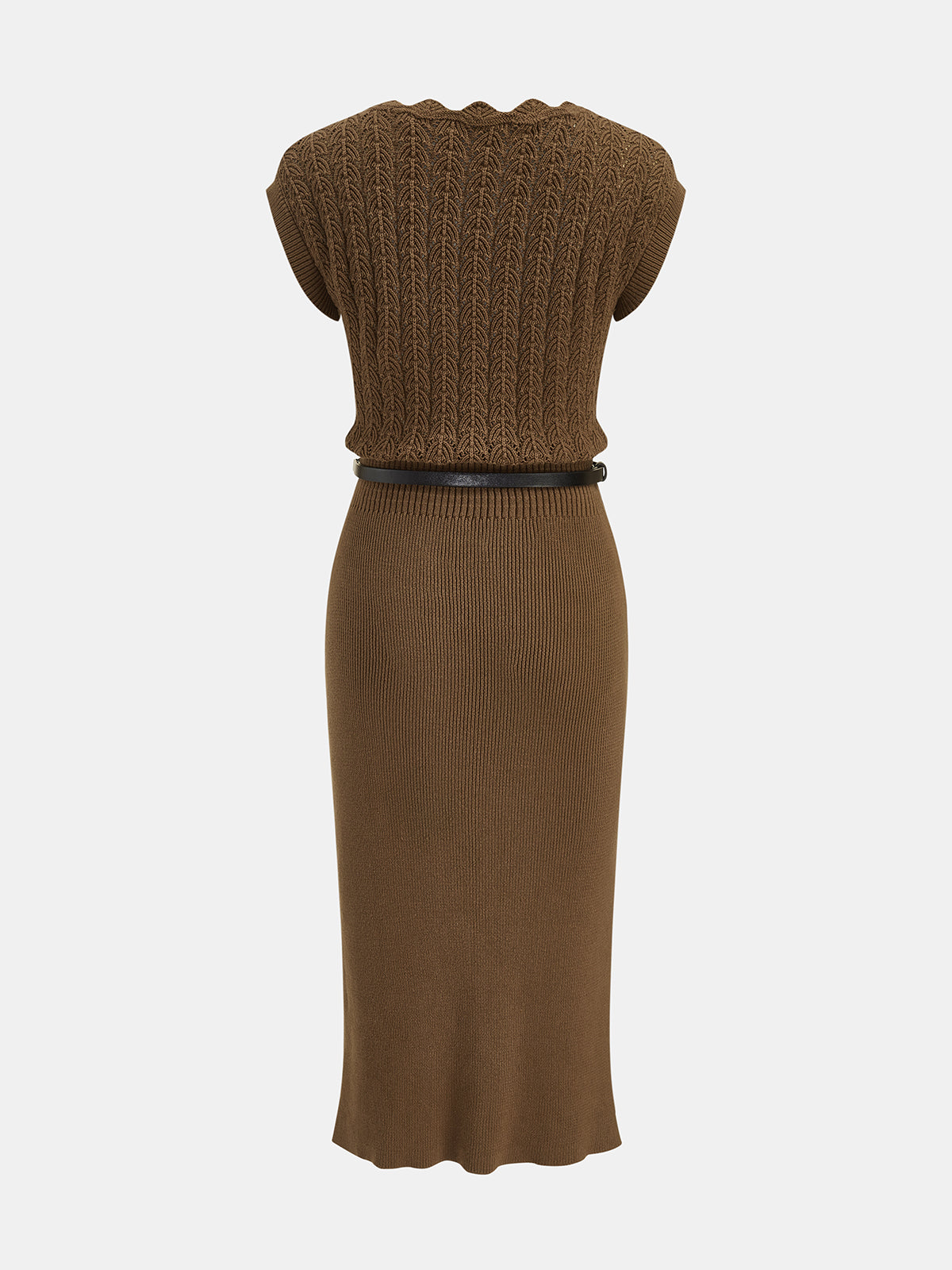 Scallop Neck Belted Knit Midi Dress for Women Casual Style