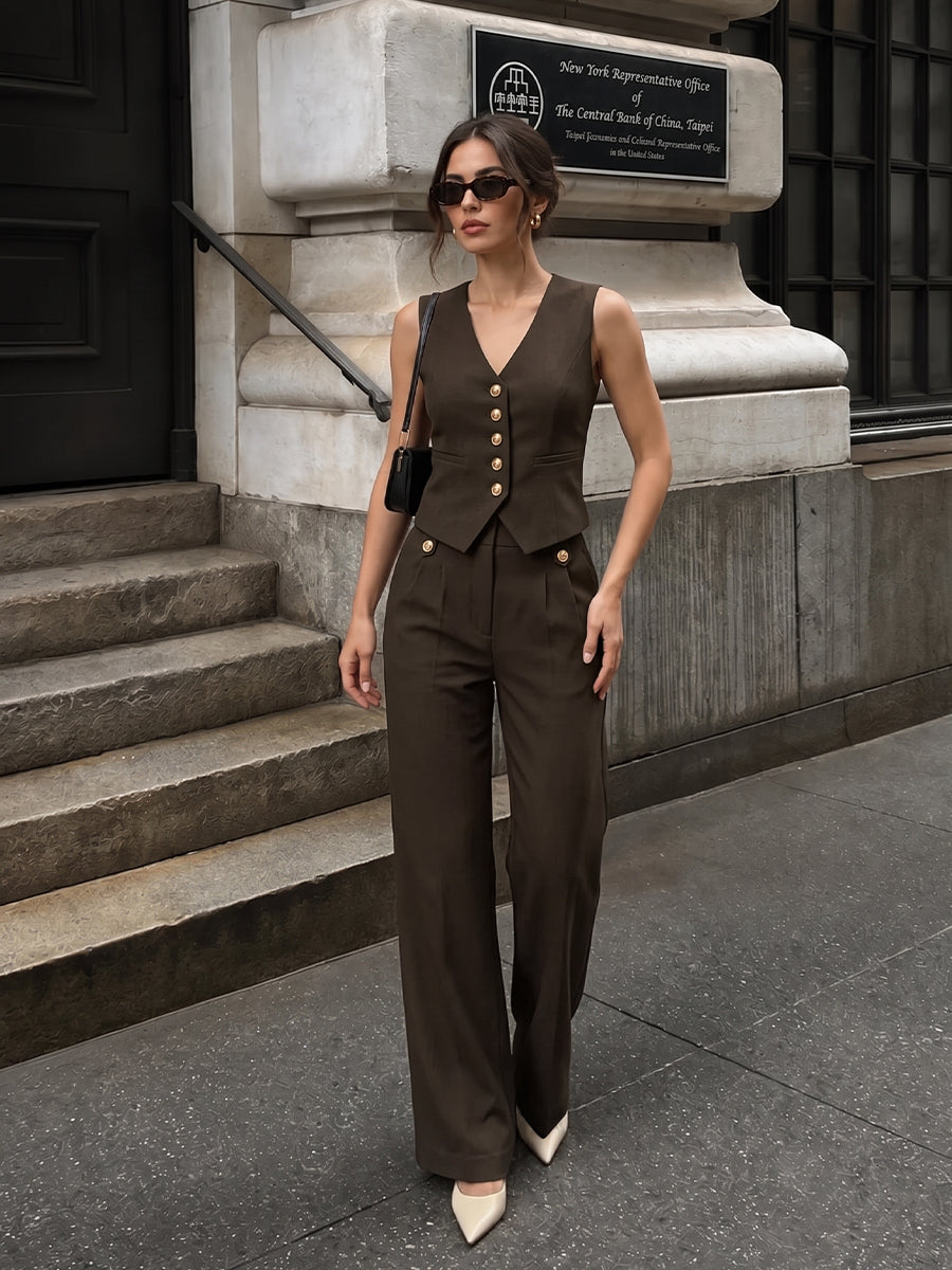 V-neck button-front cropped fitted vest and wide-leg trousers set, stylish women's business casual attire