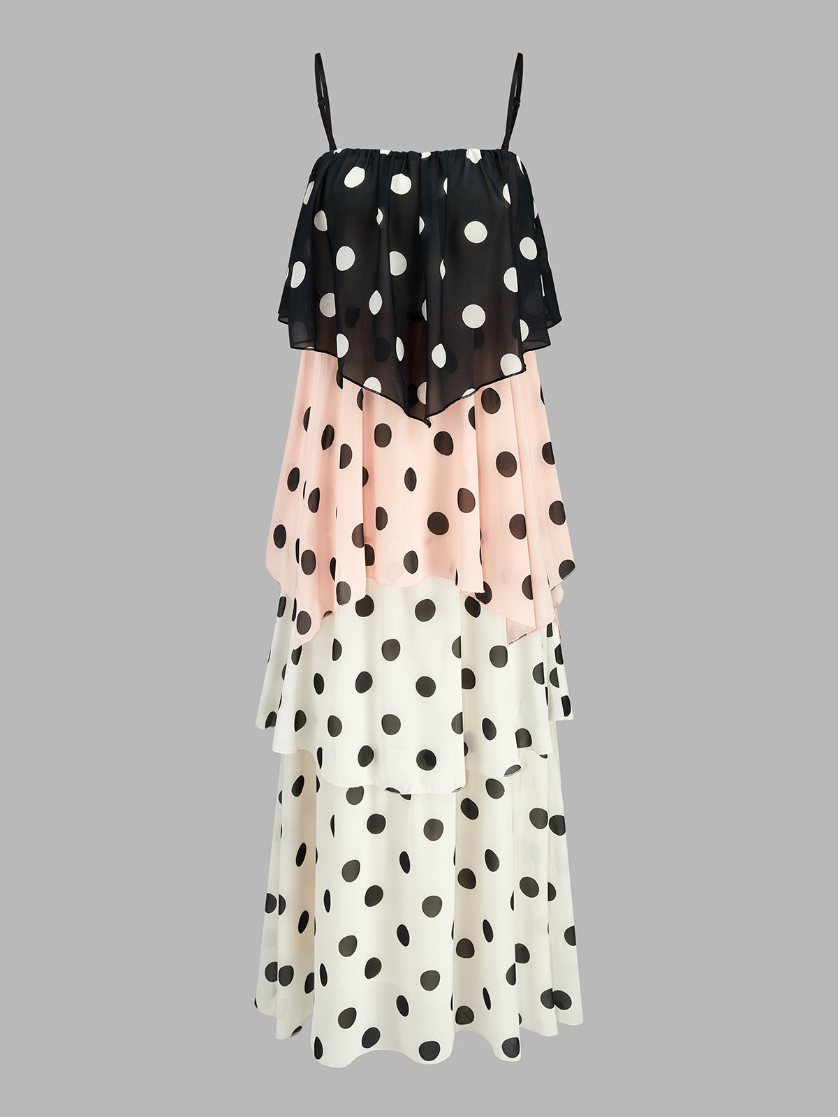Color Block Polka Dot Tiered Spaghetti Strap Cami Maxi Dress for Women