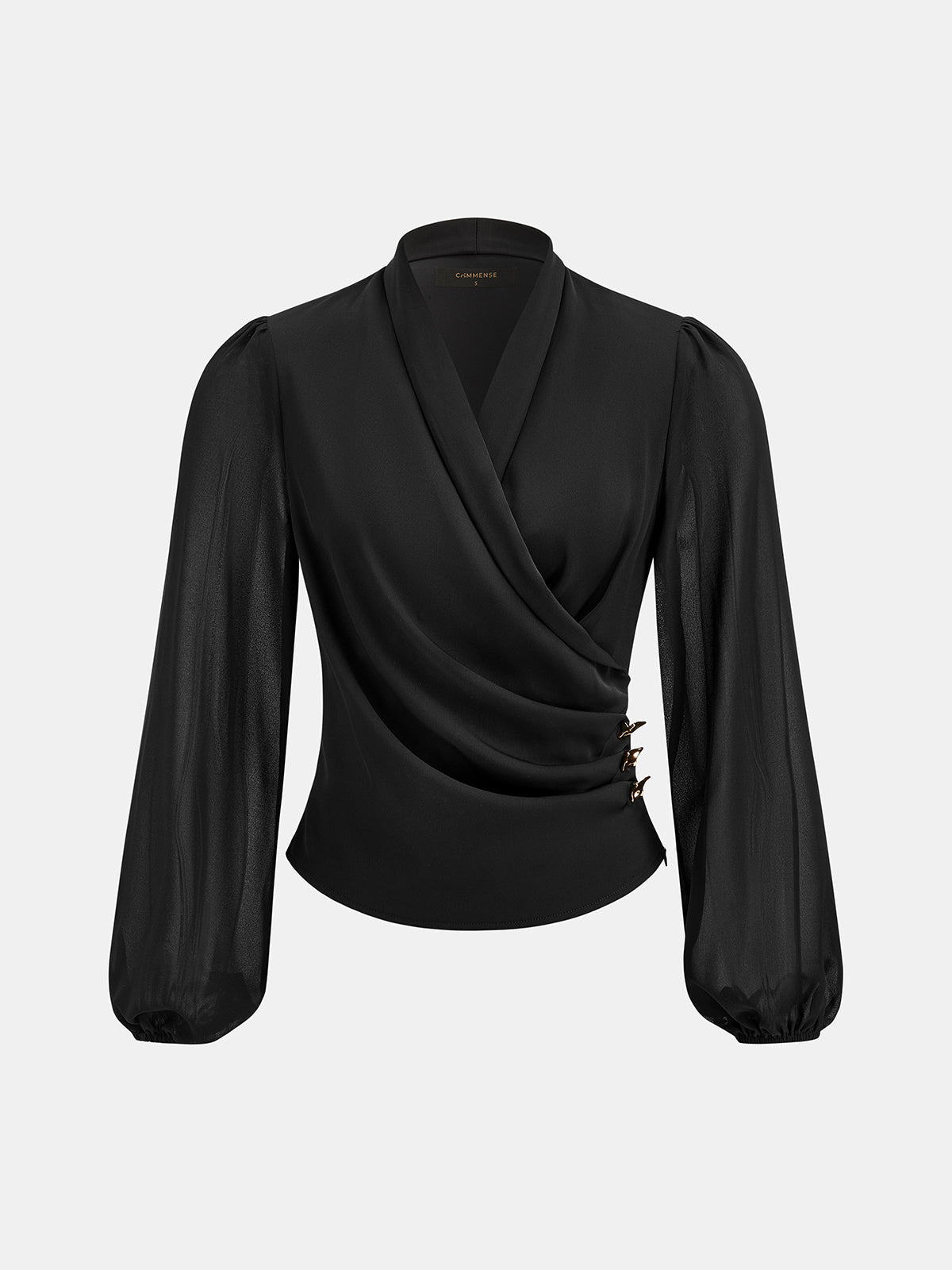 Metal Accent Sheer Sleeve Wrap Blouse for Women, Elegant Evening Wear