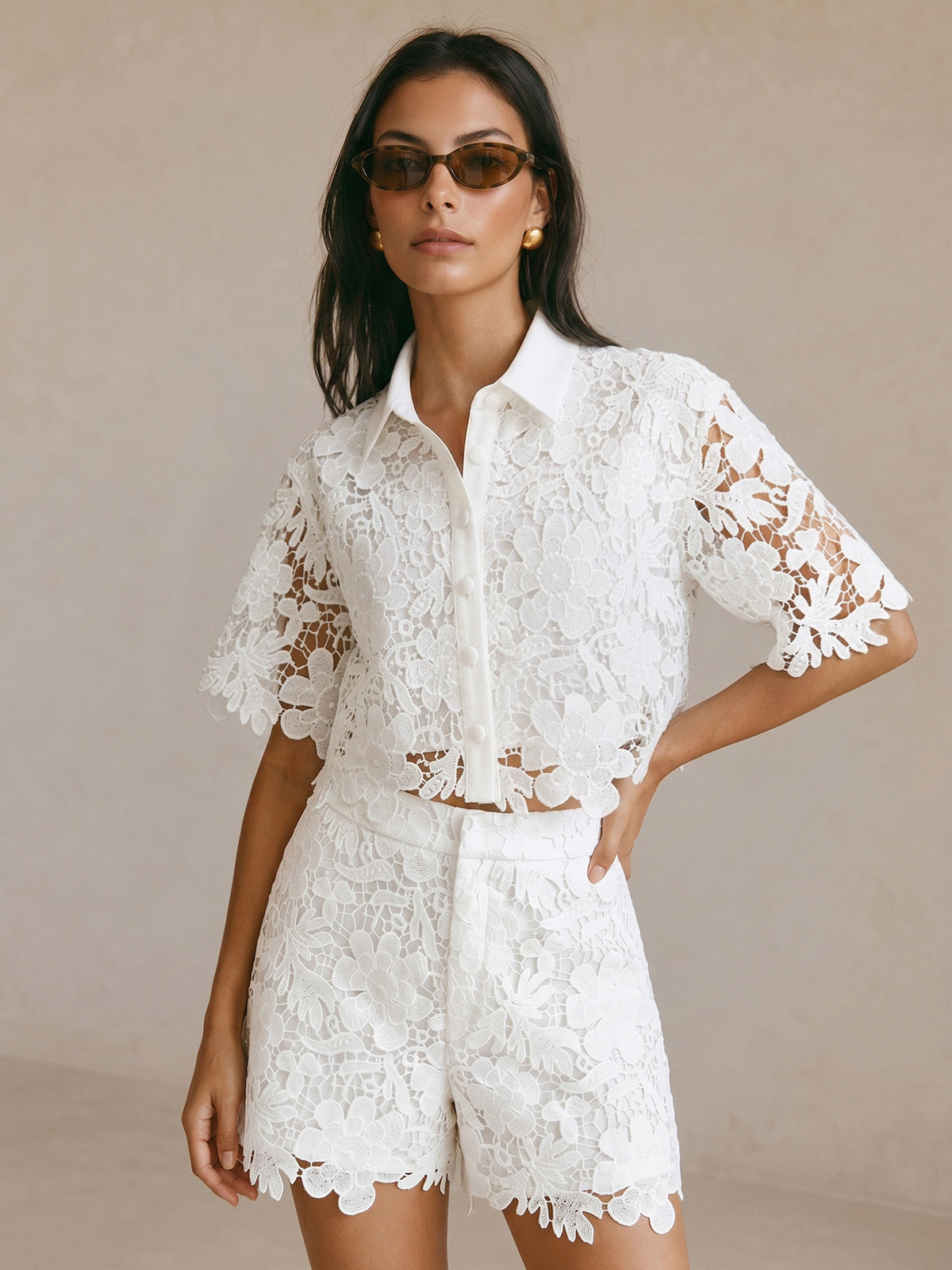 Guipure Lace Short Sleeve Shirt & Shorts Set for Women Summer Casual