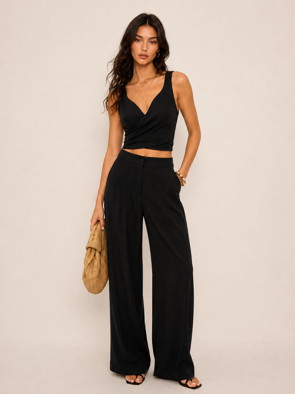 Linen Blend Tie-Back Top & Wide Leg Pants Set for Women Summer Outfit