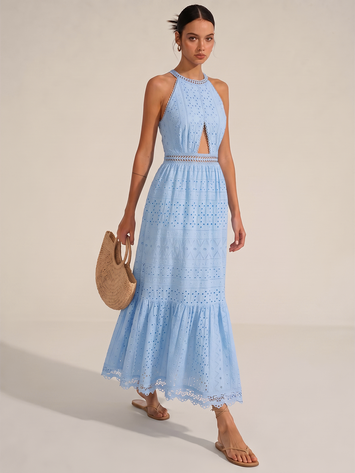 Halter Eyelet Cutout Midi Dress with Back Tie Closure