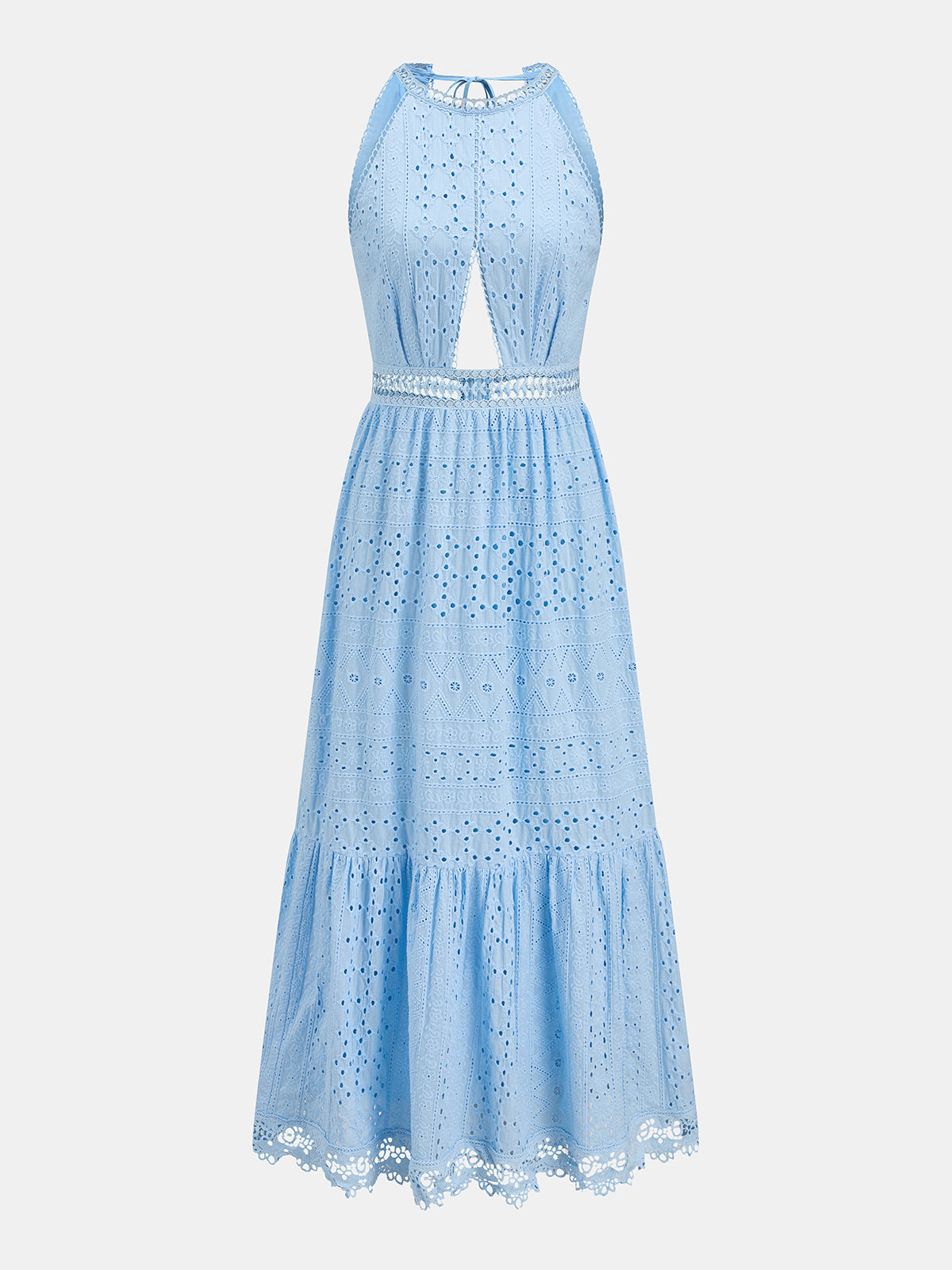 Halter Eyelet Cutout Midi Dress with Back Tie Closure