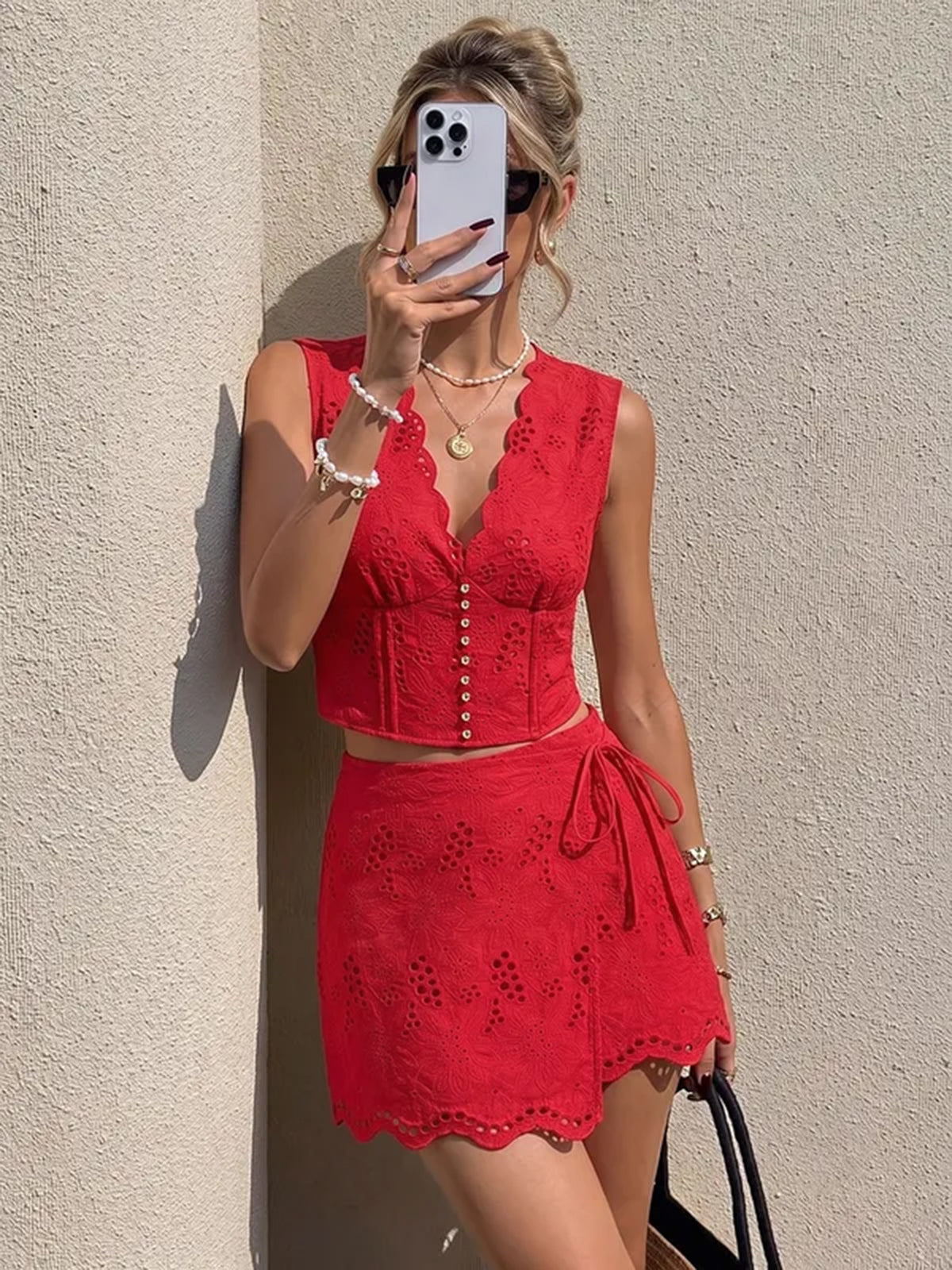 Eyelet Embroidery V-Neck Tie Waist Mini Skirt Set with Puff Sleeves