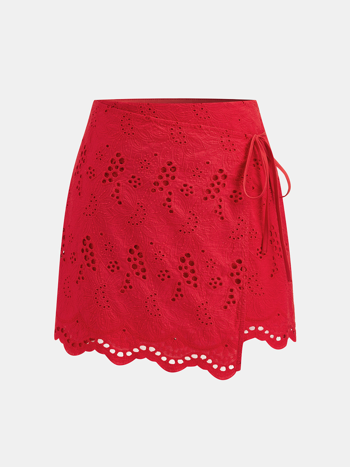 Eyelet Embroidery V-Neck Tie Waist Mini Skirt Set with Puff Sleeves