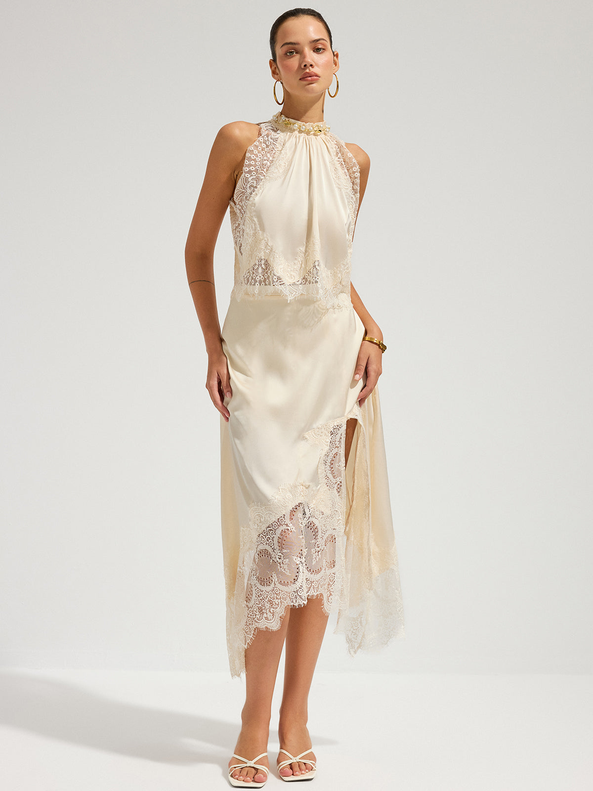 Satin Lace Trim Top & Asymmetrical Skirt Set, Elegant Party Evening Wear