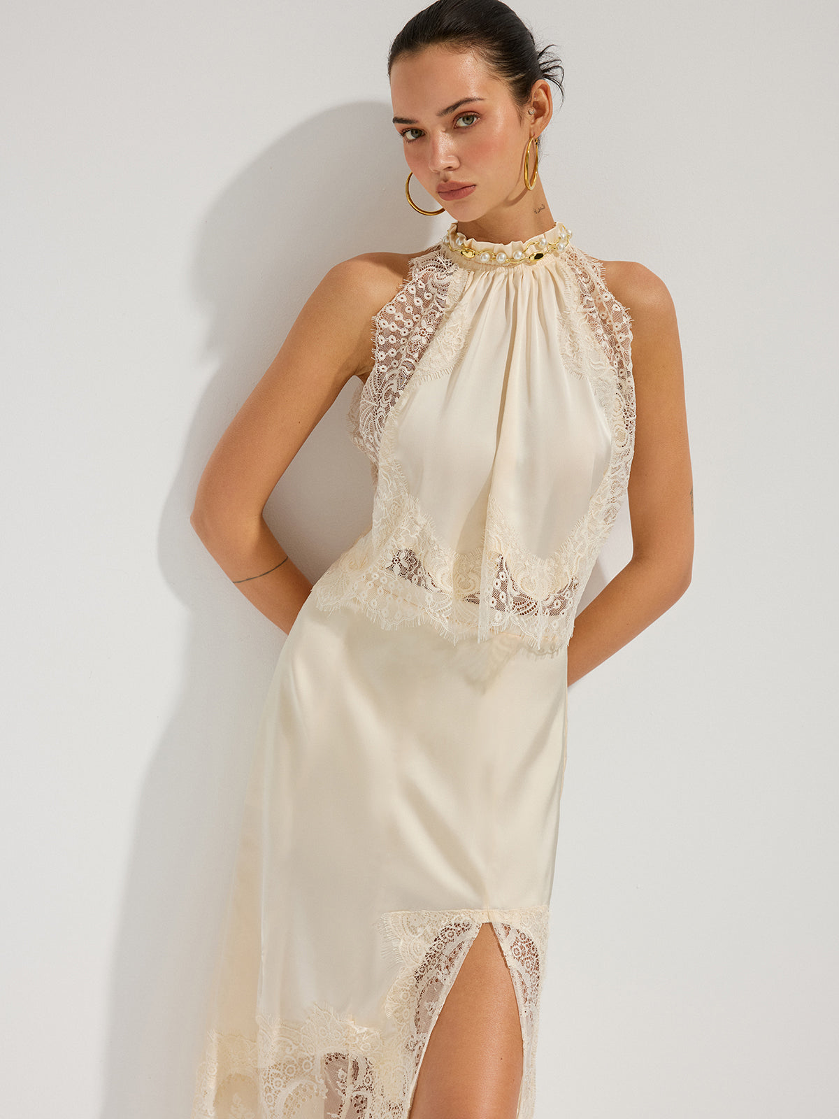 Satin Lace Trim Top & Asymmetrical Skirt Set, Elegant Party Evening Wear
