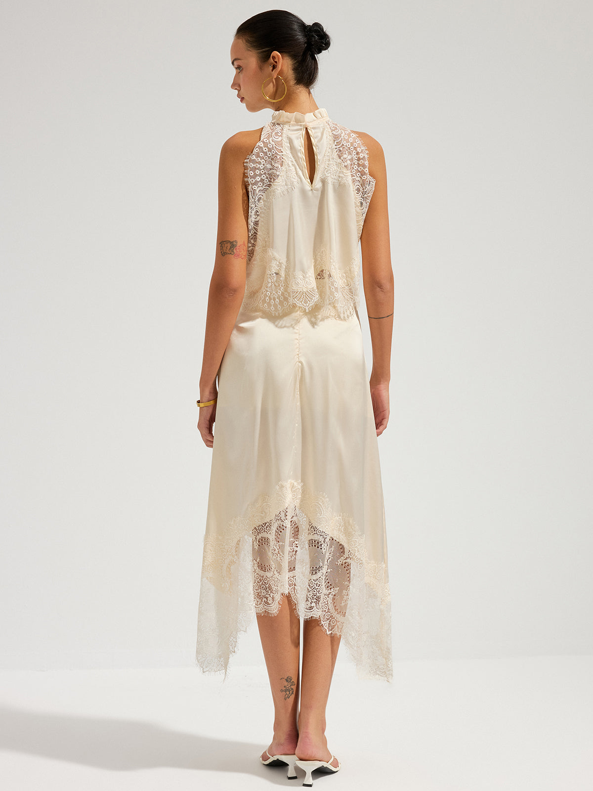 Satin Lace Trim Top & Asymmetrical Skirt Set, Elegant Party Evening Wear