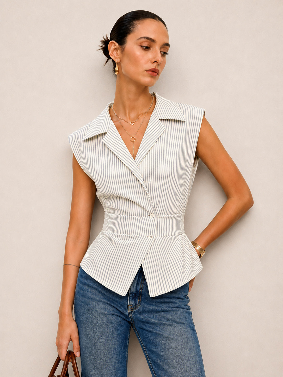 Striped Lapel Tie-Back Sleeveless Blouse for Women Summer Casual