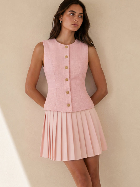 Tweed Sleeveless Pleated Mini Dress Women's Fashion Essentials