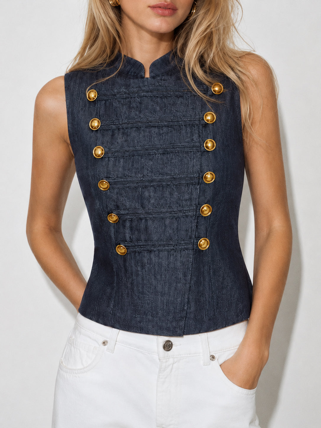 Faux Denim Napoleon Double Breasted Vest with Classic Tailored Fit
