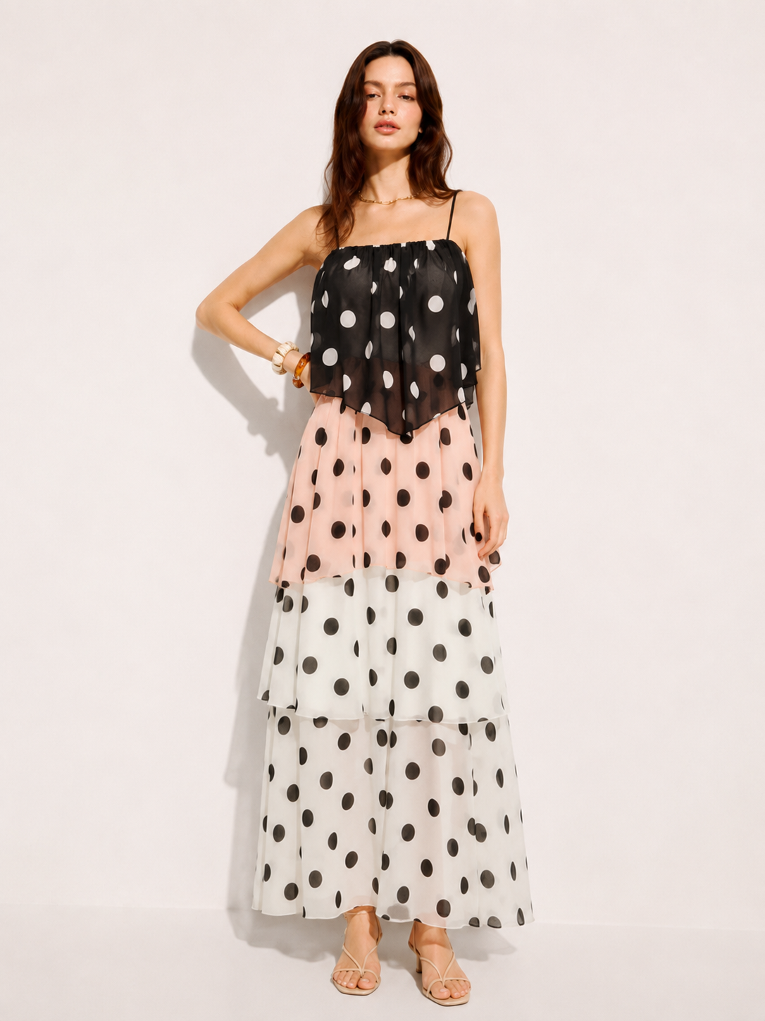 Color Block Polka Dot Tiered Spaghetti Strap Cami Maxi Dress for Women
