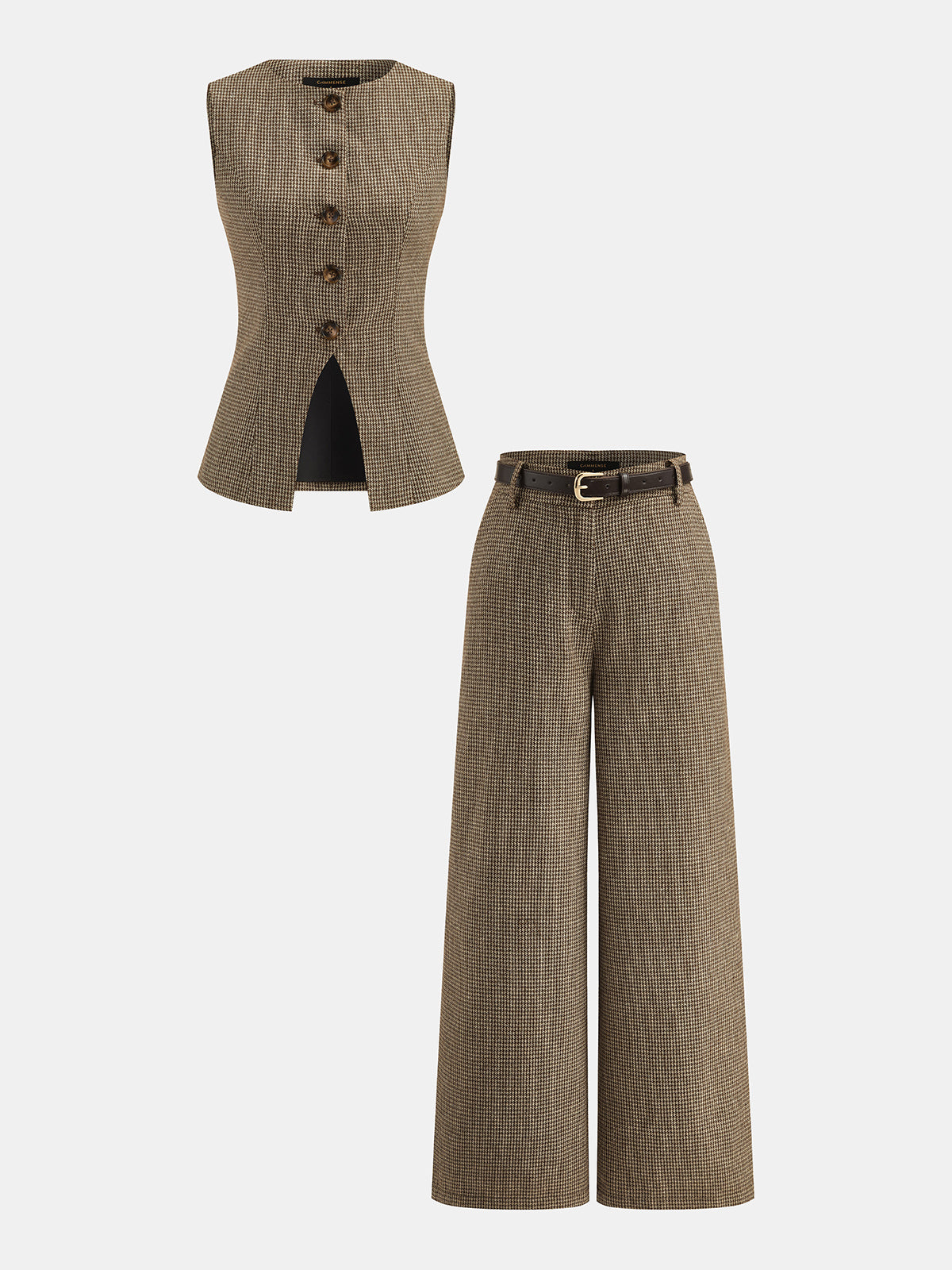 Houndstooth Wool Blend Stylish Office Two Piece Pants Set