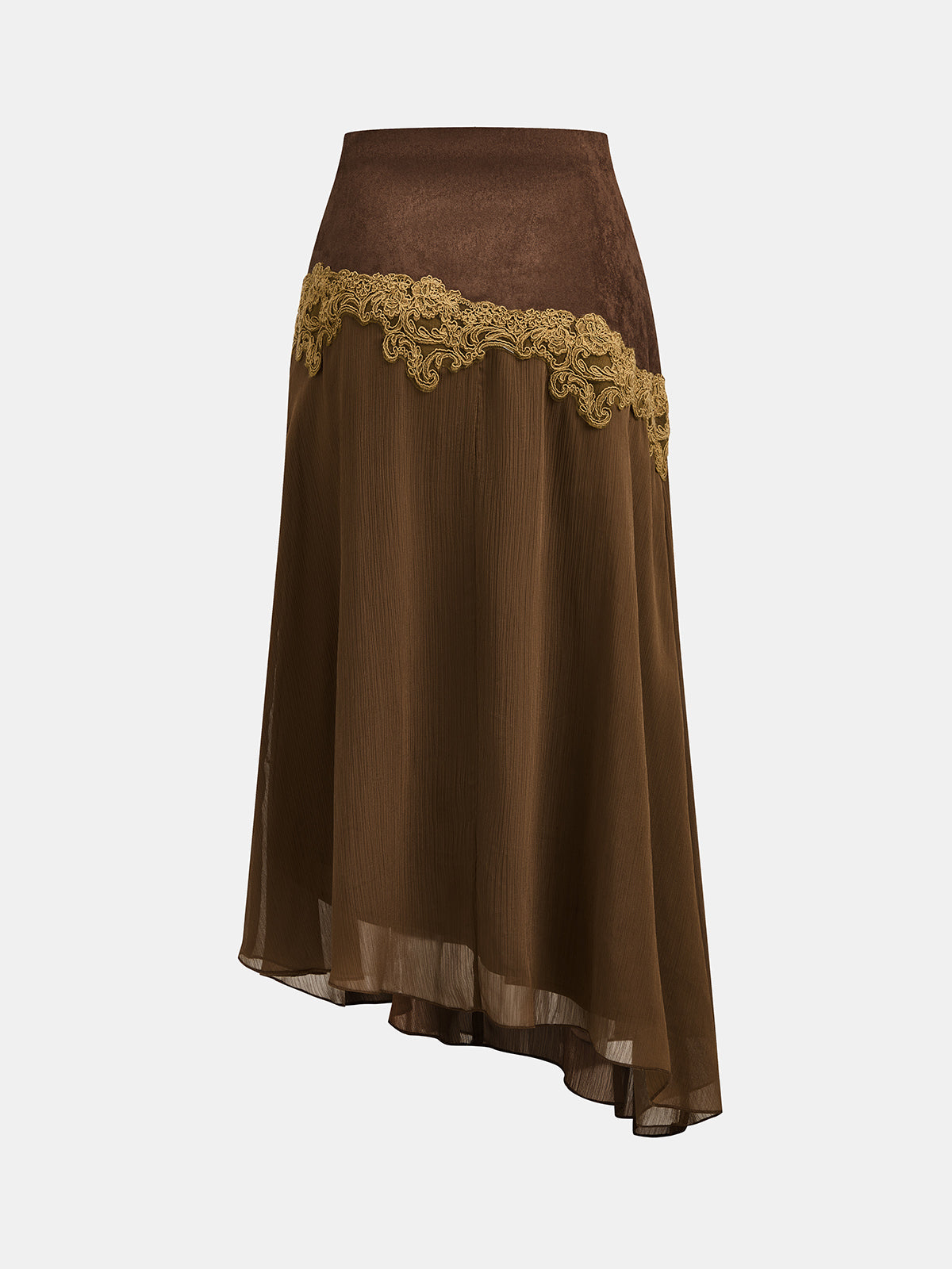 Lace Patchwork Asymmetrical Suede Effect Skirt Women's Fashion Trend