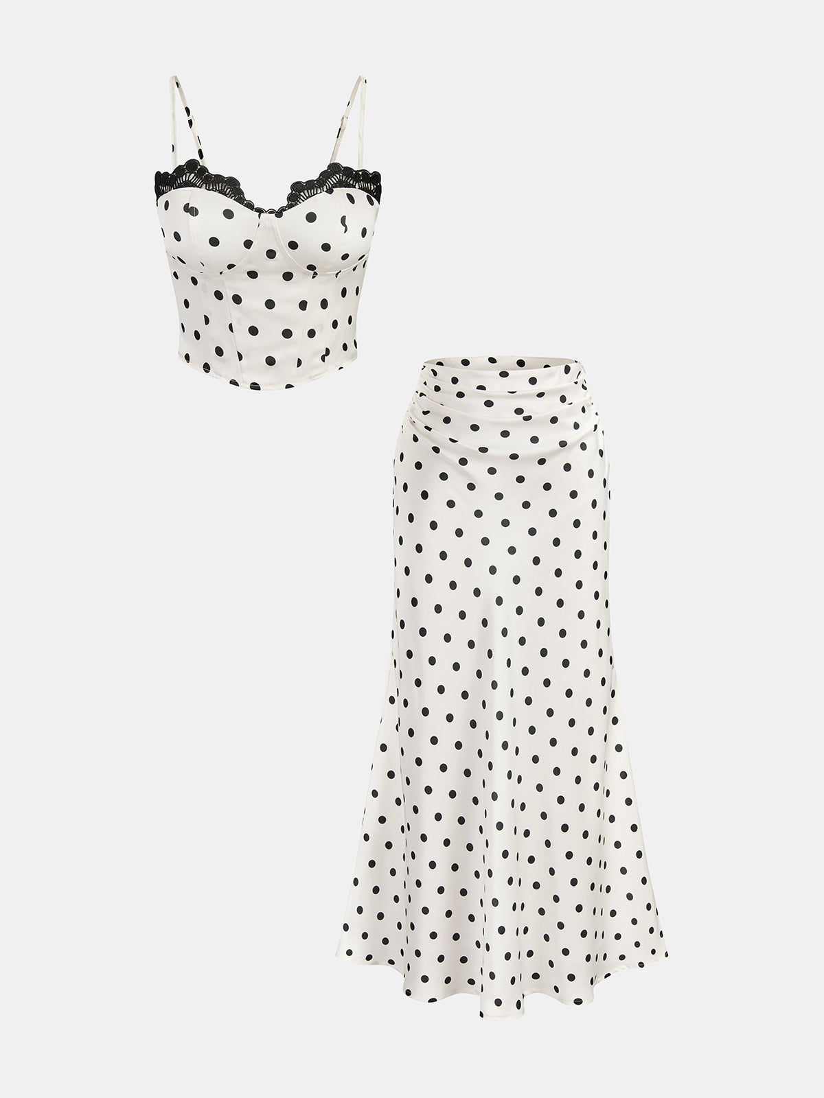 Polka Dot Lace Trim Cami Top & Pleated Skirt Matching Sets for Women