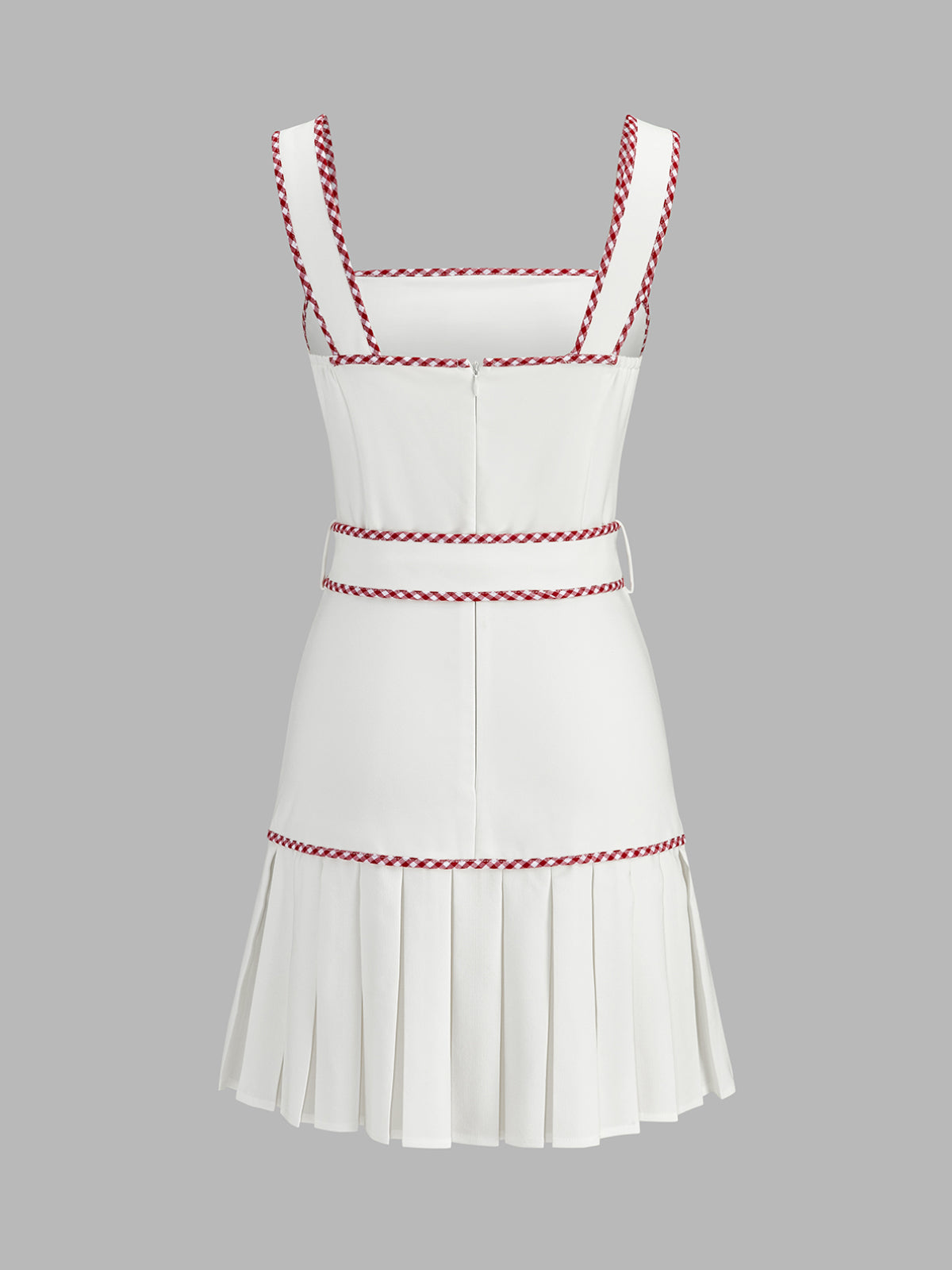 Gingham Trim Belted Pleated Mini Dress with Button Details