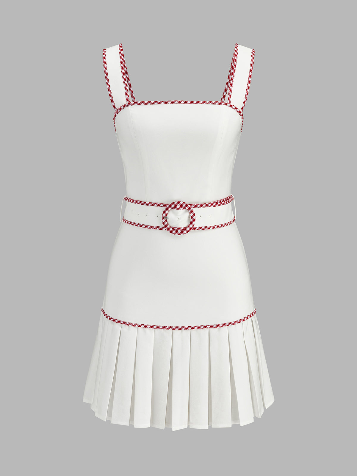 Gingham Trim Belted Pleated Mini Dress with Button Details